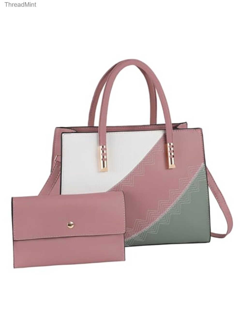 Women's PU Leather Color Block Satchel Handbag with Zipper and Top Handle